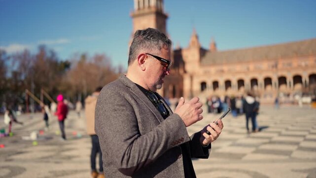 Middle-aged man talking on the phone in seville's plaza de espa&ntilde;a