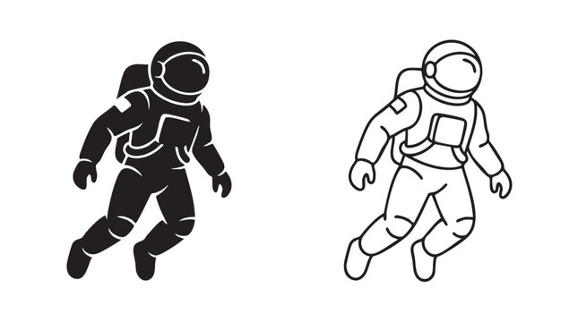 astronauts in black silhouette and outline art vector icon floating in space