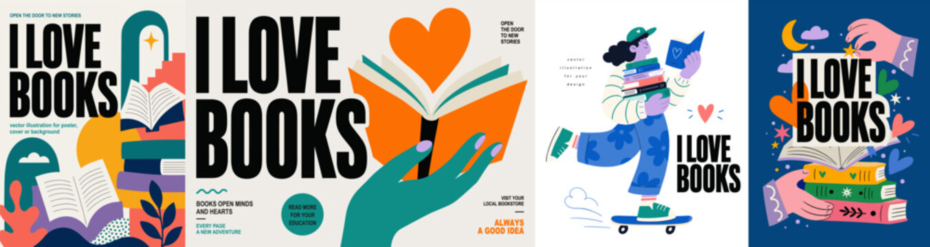 Books. Reading posters with bold typography. Vector modern illustrations of  open books, hands and playful character for library, bookstore, school college, university, education and the litera