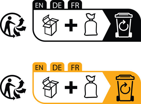 Multilingual Packaging Disposal Instruction Triman Icon Set with Recycling Bin Symbol in Black and Yellow