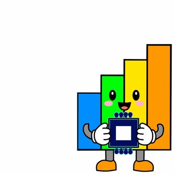 Cute business chart mascot holding a colorful bar graph for data analysis, statistics, finance, marketing, growth, and business presentation