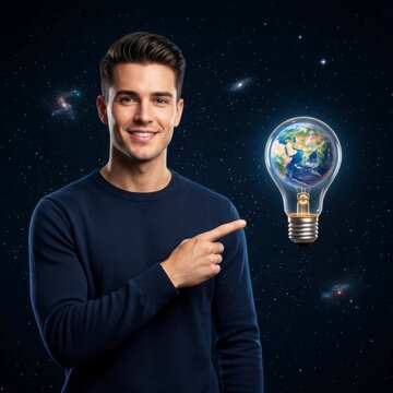 Man pointing at a glowing earth lightbulb. Creative concept for global innovation ideas.