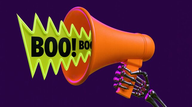 Halloween Skeleton Hand with Megaphone Shouting &ldquo;Boo&rdquo; on Purple Background &ndash; Spooky Party Promotion Concept
