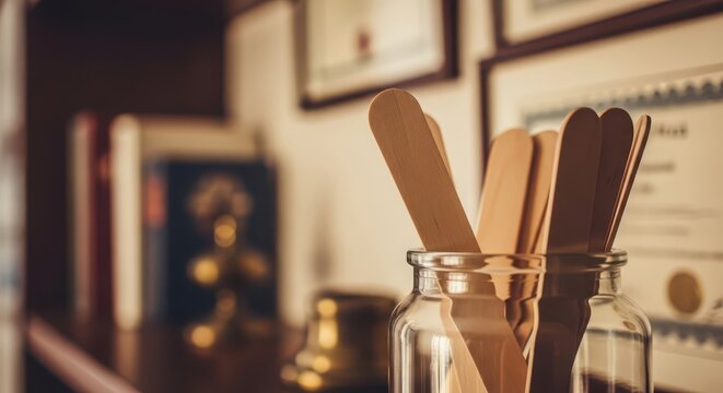Medical Wooden Tongue Depressors in Glass Jar on Shelf with Certificates in Background, Healthcare Concept