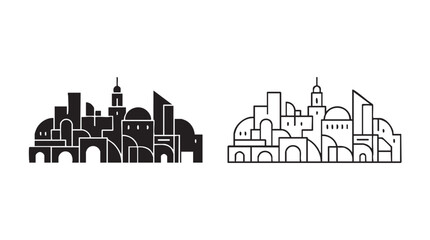 Obraz premium black silhouette and outline art vector icon of abstract city skyline geometric buildings