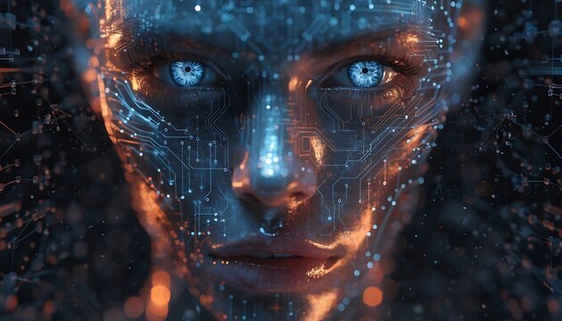 Futuristic cyborg face with glowing circuits. Artificial intelligence concept portrait.