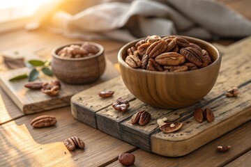 Fototapeta premium Bowl of healthy raw pecan nuts on wooden cutting board at sunset with still life