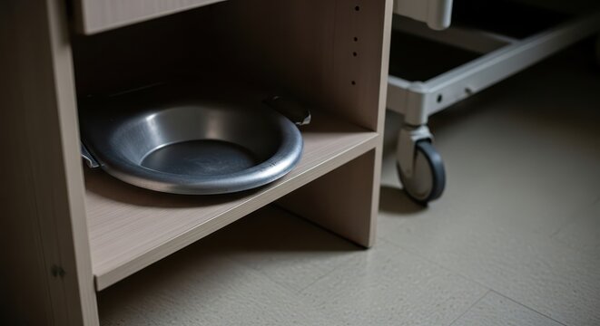 Metal bedpan on shelf in hospital room with medical equipment in background