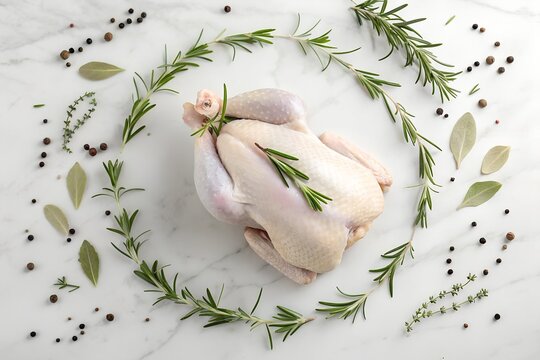 Raw whole chicken with fresh rosemary herbs and peppercorns on white marble