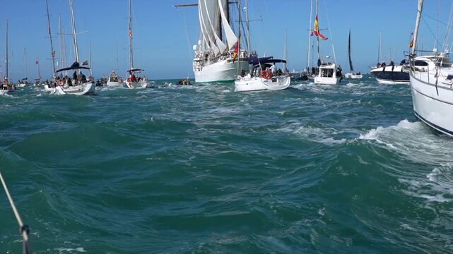 Numerous sailboats following large tall ship at sea