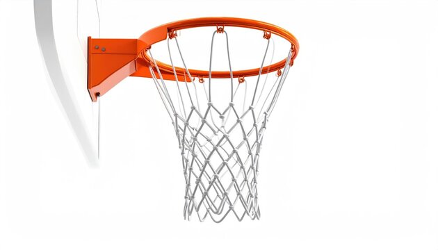 A vibrant orange basketball hoop and net against a stark white backdrop