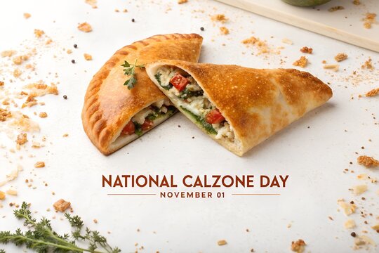 Traditional italian calzone baked pastry on white background for national