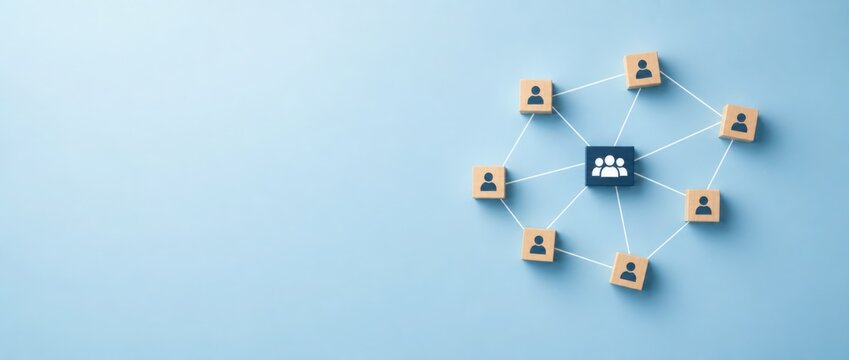 A network of connected wooden blocks with person icons represents social networking and teamwork on a light blue background.