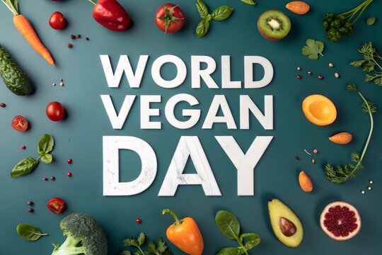 World vegan day sign surrounded by fresh vegetables and fruits with vegetarian