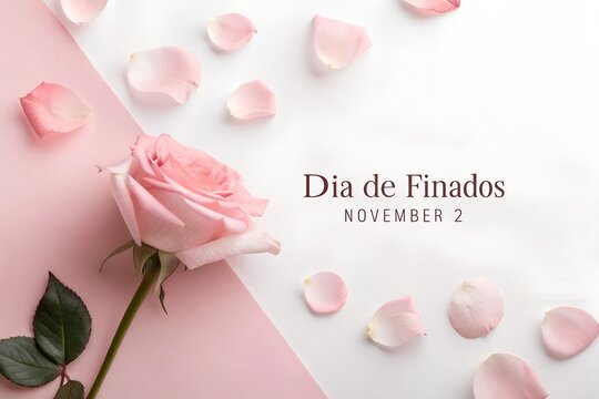 Pink rose and petals on white and pink background for dia de finados