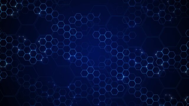 Blue hexagon 19 background glowing geometric cells, dark digital space, modern network pattern. science videos, AI intros, medical visuals, cyber security promos, tech presentations.