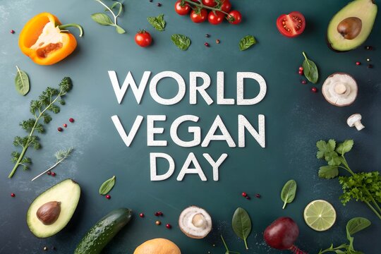 World vegan day sign surrounded by fresh vegetables and ingredients