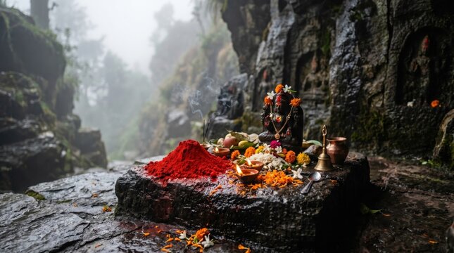 Tantric Shakti ritual altar with deity statue and red vermillion in misty mountain cave shrine