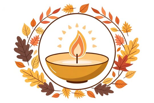 Autumnal diya lamp illustration surrounded by fall leaves with festival