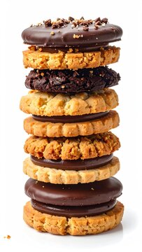 Stacked cookies with chocolate filling and toppings, on white