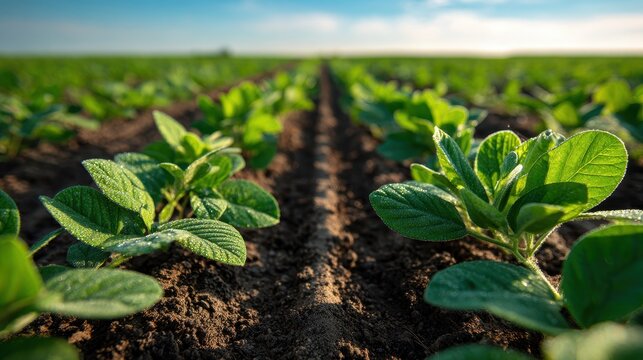 Vibrant soybean seedlings in orderly furrows across a farmland field
