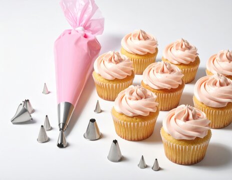 Pink frosting swirls crown golden cupcakes next to decorating tools