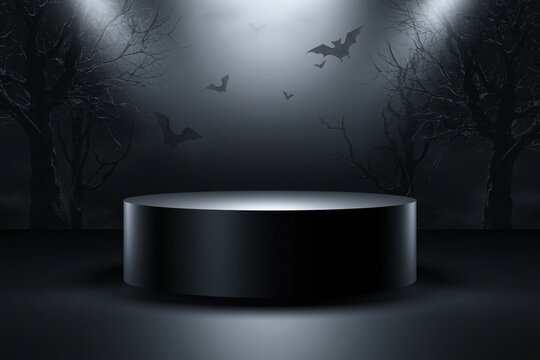 Dark Fantasy Halloween Product Podium Scene with Foggy Forest Bats and Moonlight for Spooky Display Background