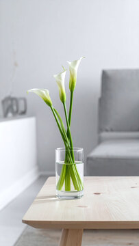 Beautiful white calla lilies in a clear glass vase on a wooden coffee table evoke a sense of peace and elegance in a bright minimalist living room, ideal for home decor. Nobody.