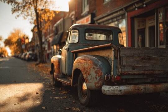 Vintage pickup truck with patina body and wooden bed parked on a quiet urban street during golden hour