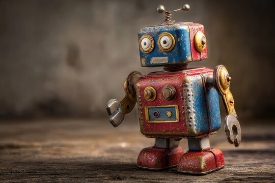 Vintage tin toy robot on weathered wood with patina and enamel wear