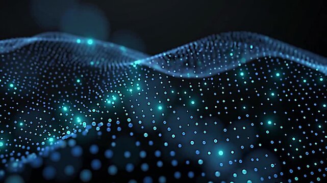 Abstract digital landscape with blue glowing particles forming a wave pattern on a dark background. 