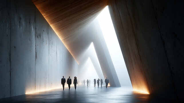 Business Team Walking Through Modern Corridor Toward Light