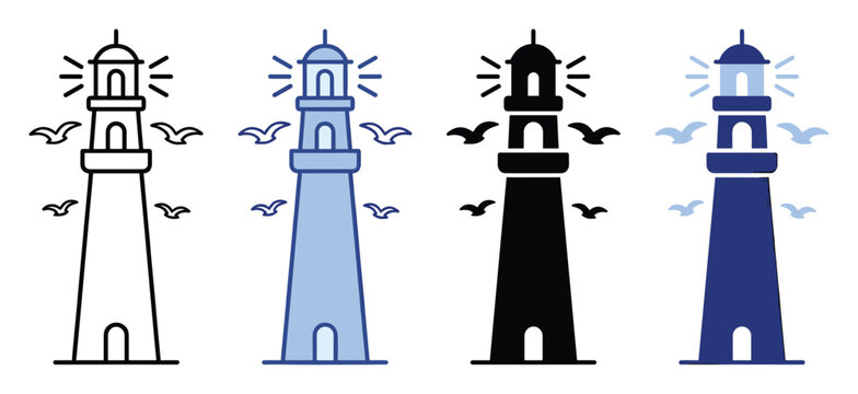 Set of lighthouse icons with flying birds, representing sea safety, coastal travel, and nautical guidance