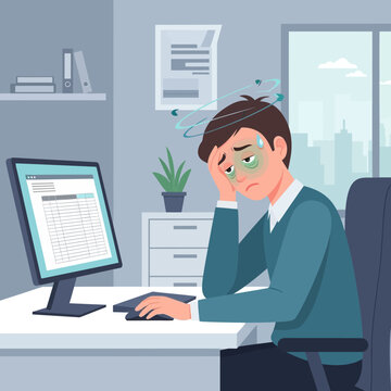 Overworked Businessman Feeling Dizzy From Exhaustion At His Office Desk