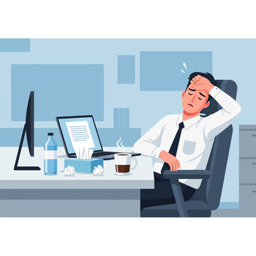Overworked Businessman Feeling Sick And Stressed At His Desk
