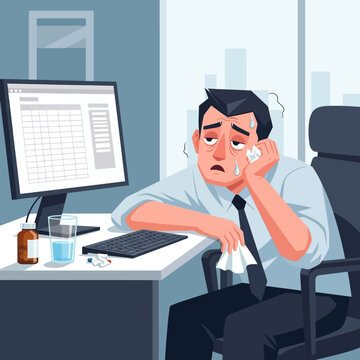 Overworked Businessman Feeling Sick While Working Late