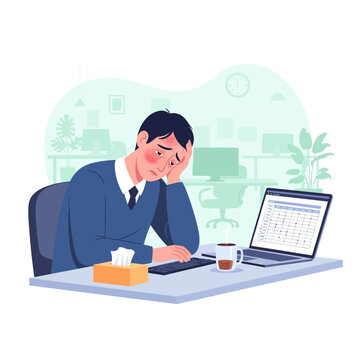 Overworked Businessman Feeling Ill At His Office Desk Illustration