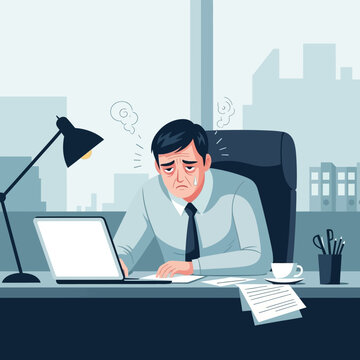 Overworked Businessman Feeling Stressed And Exhausted At His Desk