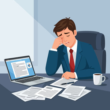 Overworked Businessman Feeling Stressed And Exhausted At His Desk