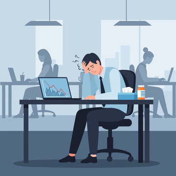 Overworked Businessman Feeling Stressed At Desk With Falling Stock Market Chart