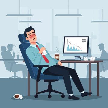 Overworked Businessman Feeling Unwell At His Desk Due To Stress