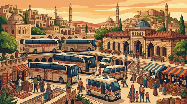 Illustration of a bustling bus terminal in Mardin, Turkey, featuring traditional stone architecture, minarets, passenger coaches, street market stalls, and a historic hilltop castle.