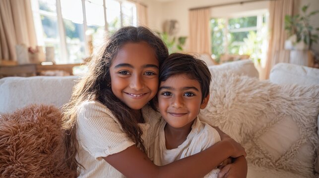 Warm embrace between siblings on a cozy living room couch