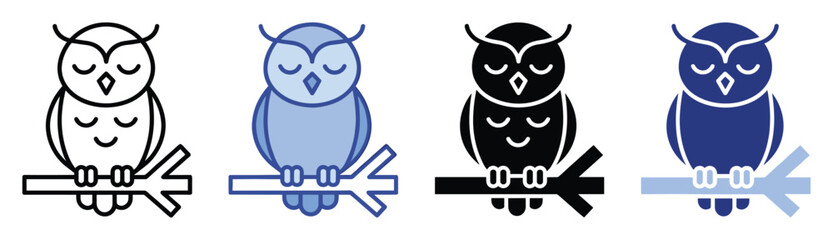 Naklejka premium Set of sleeping owl icons sitting on a branch for various educational and nature themed projects