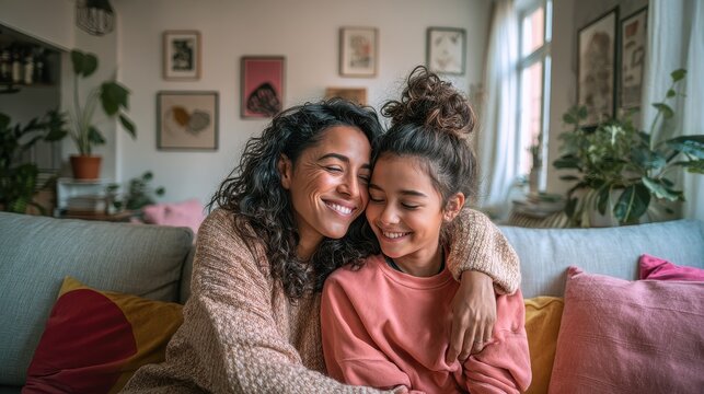 Warm hug between mother and daughter in a sunlit living room, a candid portrait of family love at home