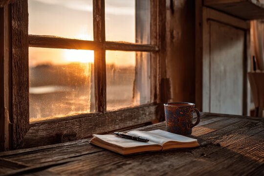 Warm light at dawn illuminating a simple desk beside a wooden window