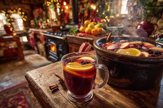 Warm Mexican ponche on a rustic stove with citrus and tejocotes for a Christmas celebration