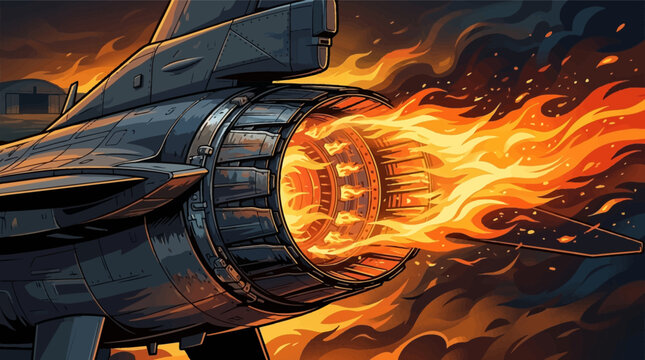 Vector illustration of a military fighter jet engine afterburner nozzle with bright orange flames and exhaust smoke, comic book style art showing the rear fuselage and tail fin.