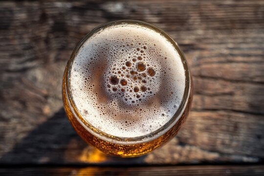 Warm, natural lighting beer glass captured from above with golden liquid and foam