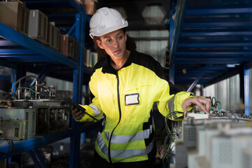 Woman worker using digital tablet working and inspecting at shelves of electronic equipment parts in warehouse